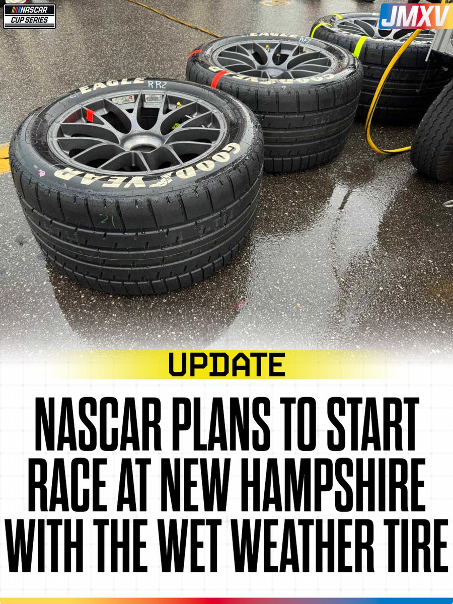 MarylinOlegg2's tweet photo. DEVELOPING RACE UPDATE

Alan Cavanna reports NASCAR plans to start the New Hampshire race on Goodyear Wet Weather tires. Plans may change if conditions improve. https://t.co/kX9zoQP2KJ