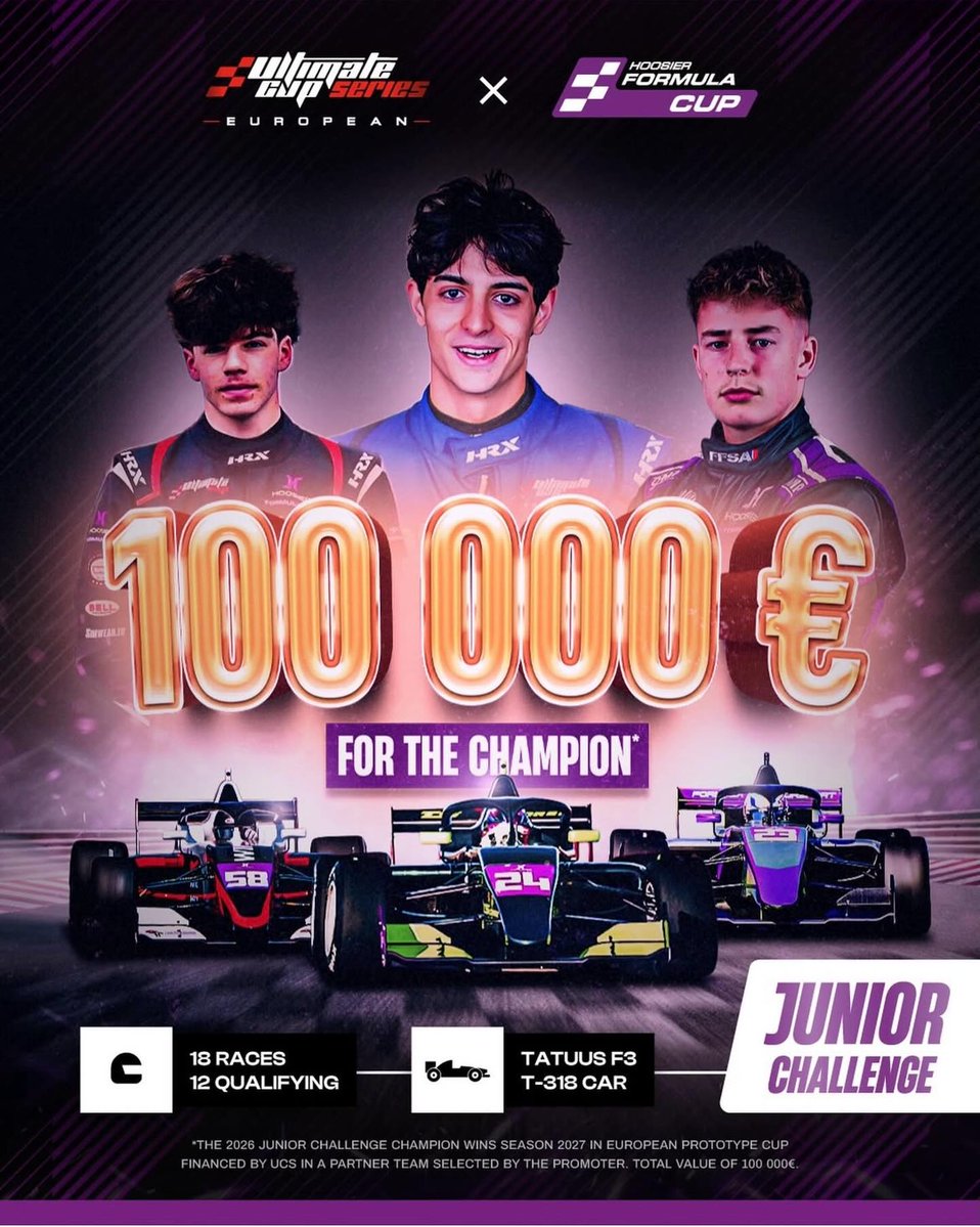 BarrettBot2v's tweet photo. JUNIOR CHALLENGE – Hoosier Formula Cup 2026

Top 3 Junior drivers (16–25) win up to €100, 000 to race Prototype Endurance in 2027. Prove your talent—2026 could change your future. https://t.co/FGClmrysmt