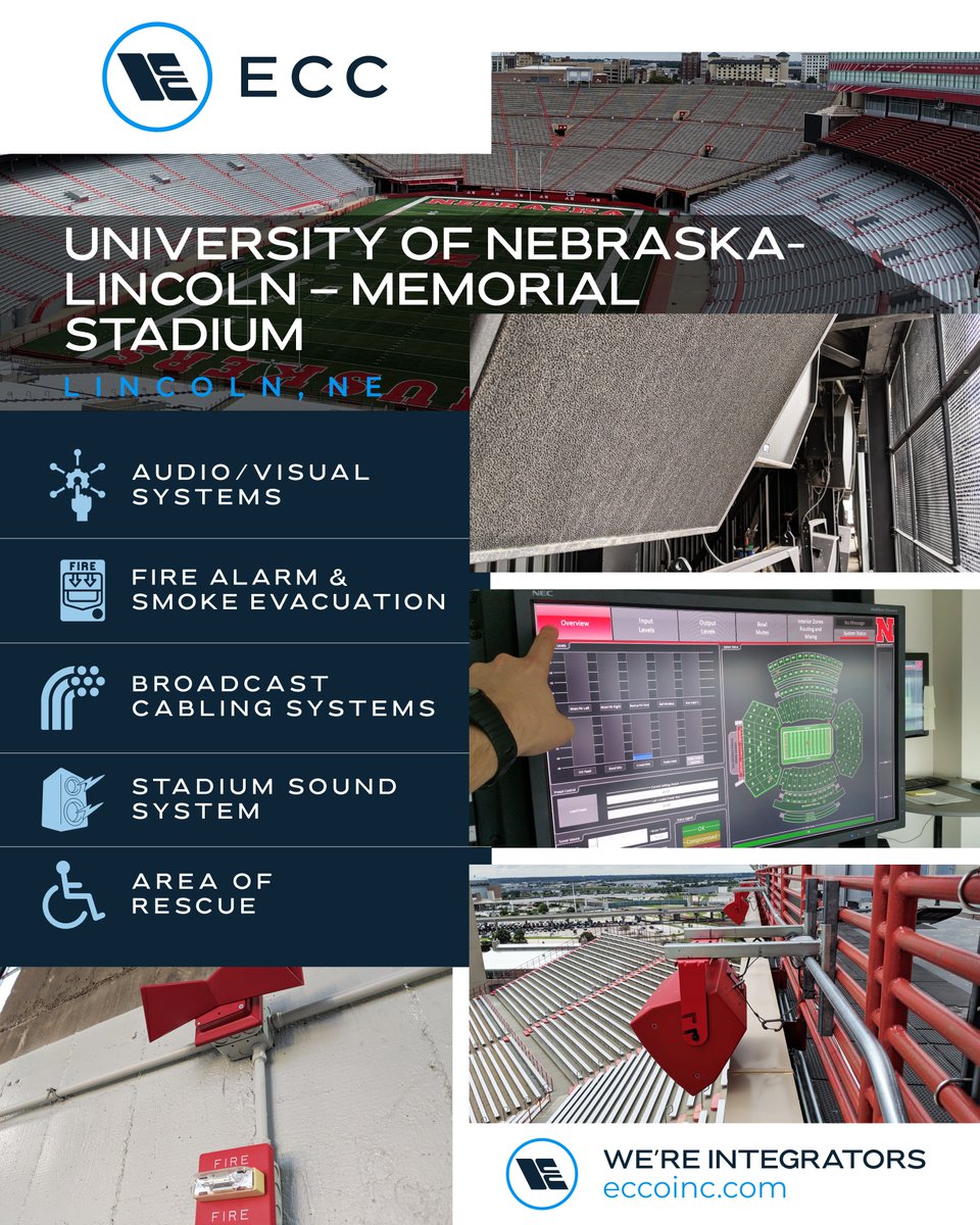 ECCIntegrator's tweet photo. For over 30 years, ECC has worked alongside @Huskers as an AV and Fire Safety Integrator at Memorial Stadium.

From Stadium Sound, AV, and Broadcast Cabling to Fire Alarm, Smoke Evacuation, and Area of Refuge Communication; ECC is proud to support the systems that help create impactful gameday experiences and enhance safety at this iconic venue.

Here’s to another season at Memorial Stadium.

Go Big Red!

#ThisIsECC #WeAreIntegrators #ProAV #FireSafety #LifeSafety #GBR