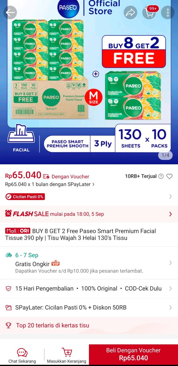RacuniShope's tweet photo. LAGI MURAH BANGET, GUYS! 😭🔥

Tisu Paseo Premium 3 Ply cuma 65 RIBUAN udah dapet 10 PACK?! 👀🫶🏻

Harga segini tuh sayang banget kalau dilewatin 😭
Apalagi voucher diskonnya TERBATAS! ⚠️

Buruan checkout sebelum harganya balik normal atau keburu kehabisan 🛒💨 https://t.co/pXZxUM987b