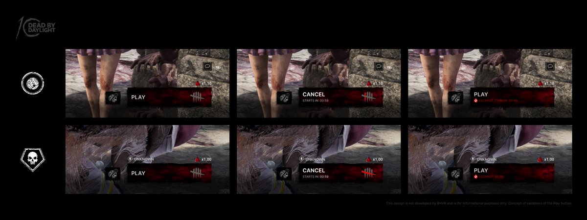 KlinDBD's tweet photo. What do you think of this variation of the game start button? 

We want the button to become the best version of itself! Please take a listen. The current button is cool, but it seems to lack information and UX. :)

@DeadbyDaylight @DEATHDORKS @MrPope
#deadbydaylight #dbd https://t.co/CnVe2xmh9y