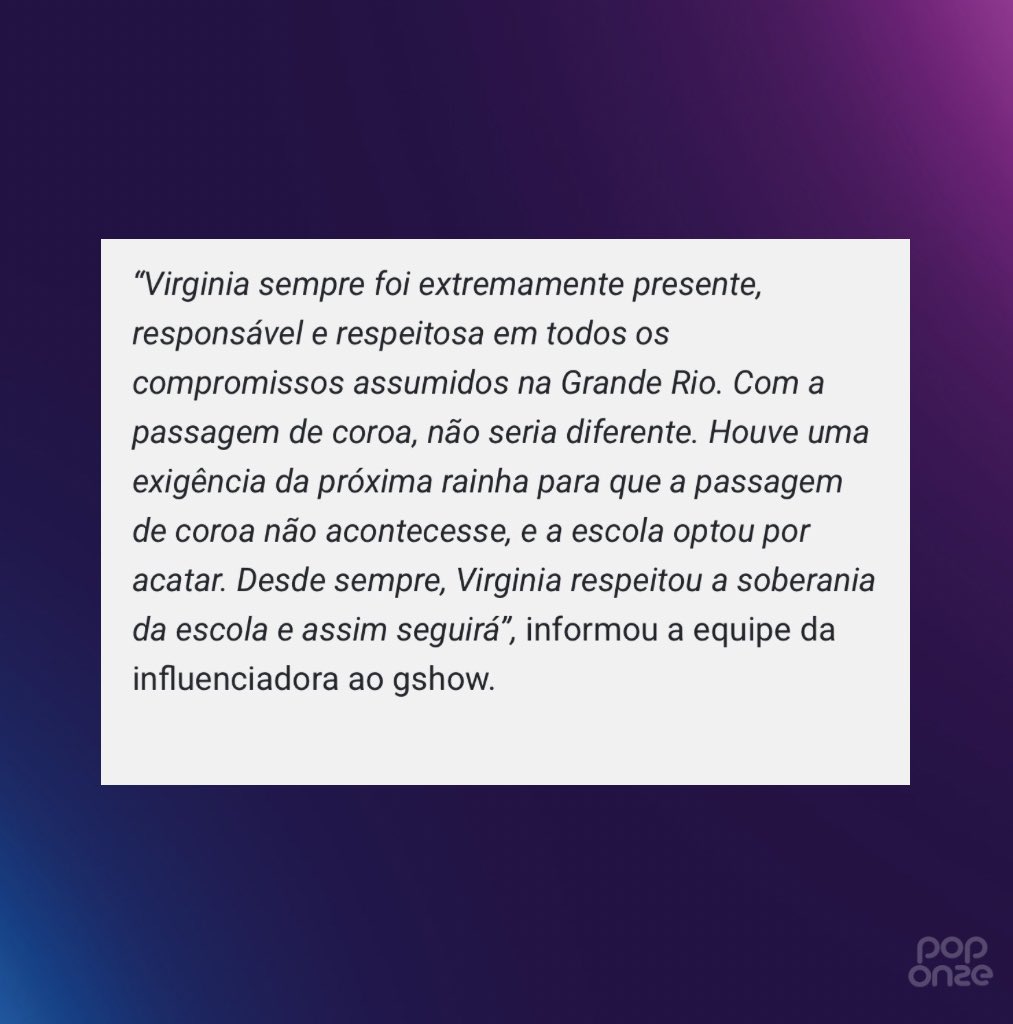 poponze's tweet photo. Assessoria de Virginia Fonseca afirma que a nova Rainha de Bateria da Grande Rio exigiu que a influenciadora não passasse a coroa para ela.

Anitta deve ser anunciada nos próximos dias como a nova ocupante do posto. https://t.co/K0OAzSyZWH