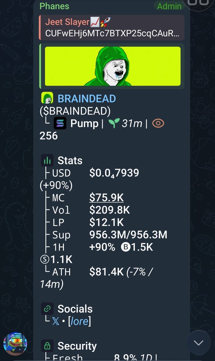 Jeetslayer00's tweet photo. 2.0X PROFIT SECURED 📈 $BRAINDEAD 

PRIVATE TG CHADS STAY PRINTING 💥

CUFwEHj6MTc7BTXP25cqCAuR11qHrGK31nV9LN5Kmb3 https://t.co/2Yvi6Z2EXi