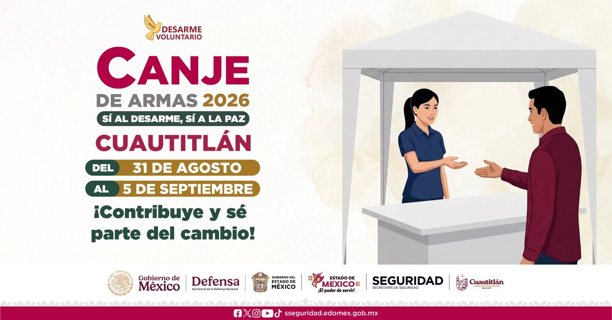 SS_Edomex's tweet photo. Acude al módulo del #CanjeDeArmas2026 y entrega tu arma de fuego de forma voluntaria, anónima y pacífica.
🧸 También puedes intercambiar juguetes bélicos por didácticos.
📍 #Malinalco | 📅 Del 31 de agosto al 5 de septiembre. https://t.co/ZhbRhUojv4