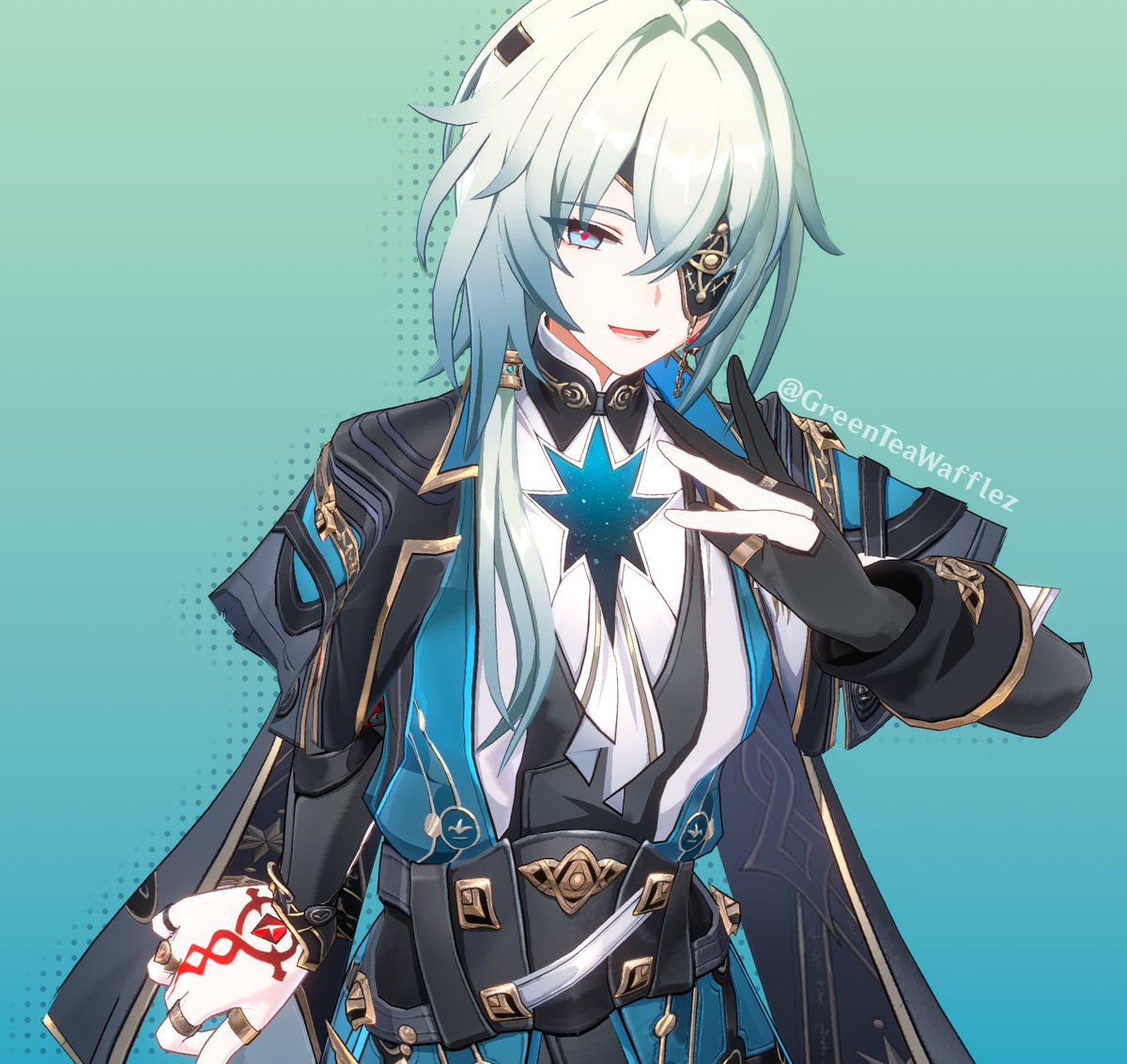 GreenTeaWafflez's tweet photo. I've recently learned stencils so I decided to fix my fem anaxa edit from last year! #anaxa #honkaistarrail https://t.co/KDpeE96uT4