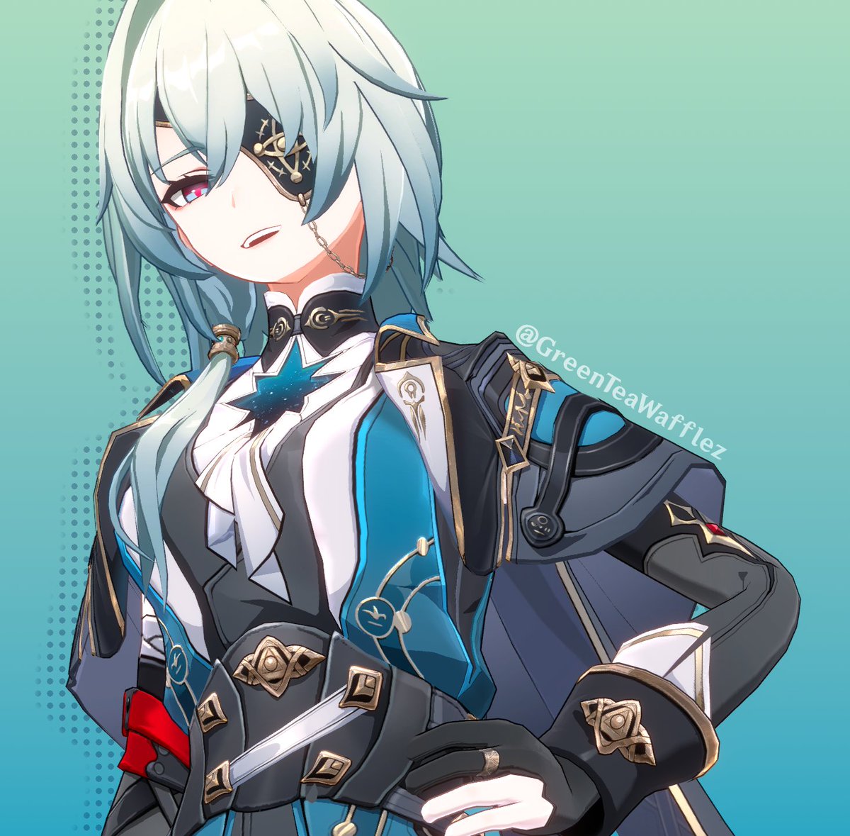 GreenTeaWafflez's tweet photo. I've recently learned stencils so I decided to fix my fem anaxa edit from last year! #anaxa #honkaistarrail https://t.co/KDpeE96uT4