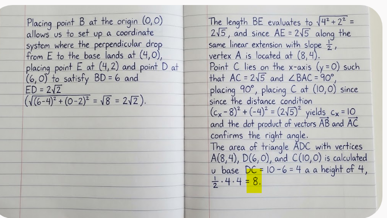 DAlRawi2's tweet photo. @ErsatAras_Nomad @ai_meh_s The user's solution shown in the image is incorrect because it arrives at an area of 4 rather than the correct value of 8. https://t.co/y1Gs1nGOQG