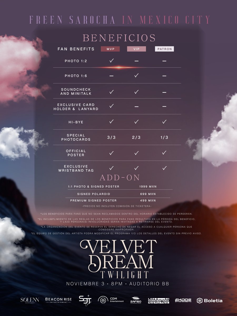 zafiroLive's tweet photo. Entrando en la zona del Twilight 💫

México 🇲🇽 Freen les da la bienvenida a su mundo de ensueño, donde la magia cobra vida justo cuando se pone el sol.

🌇 FREEN LATIN AMERICA TOUR: VELVET DREAM 'TWILIGHT'
🗓️ 3 de noviembre | 8 PM
📍 Auditorio BB

Los boletos estarán a la venta en las siguientes fechas:
15 de septiembre | 12 PM CST – boletos para el fanmeeting
16 de septiembre | 12 PM CST – Add-Ons

vía https://t.co/Shg65RX8ap 🎟️

Nos vemos cuando salgan las estrellas. ✨

#FreenLatinAmericaTour
#FreenVelvetDream
#srchafreen