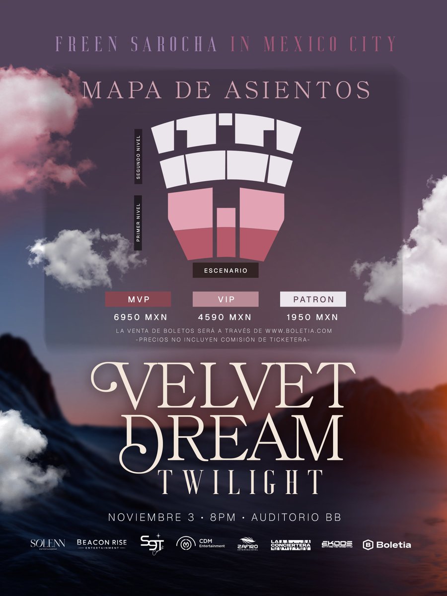 zafiroLive's tweet photo. Entrando en la zona del Twilight 💫

México 🇲🇽 Freen les da la bienvenida a su mundo de ensueño, donde la magia cobra vida justo cuando se pone el sol.

🌇 FREEN LATIN AMERICA TOUR: VELVET DREAM 'TWILIGHT'
🗓️ 3 de noviembre | 8 PM
📍 Auditorio BB

Los boletos estarán a la venta en las siguientes fechas:
15 de septiembre | 12 PM CST – boletos para el fanmeeting
16 de septiembre | 12 PM CST – Add-Ons

vía https://t.co/Shg65RX8ap 🎟️

Nos vemos cuando salgan las estrellas. ✨

#FreenLatinAmericaTour
#FreenVelvetDream
#srchafreen