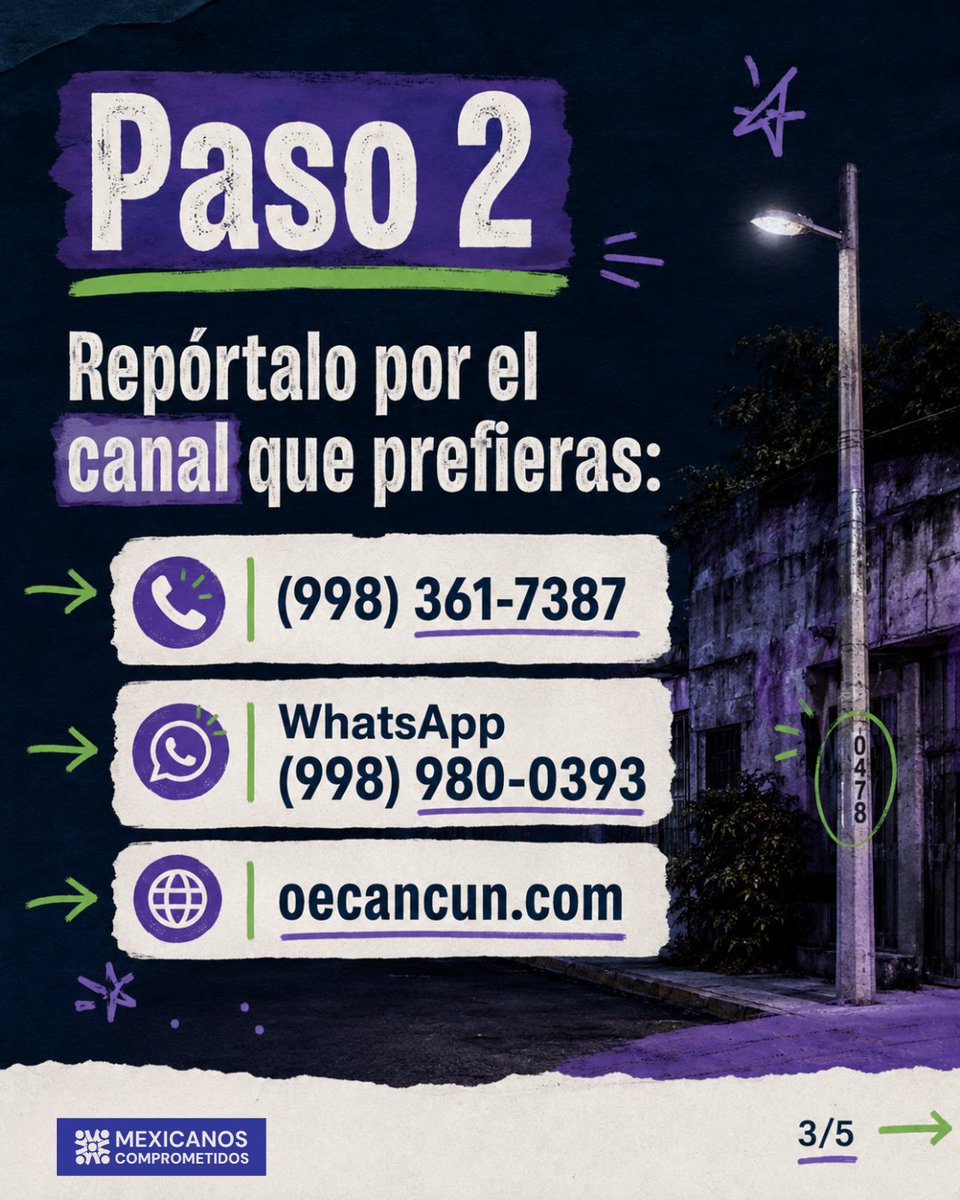 MxComprometidos's tweet photo. Luminaria apagada en tu calle? Repórtala gratis: 📞 (998) 361-7387 | WhatsApp (998) 980-0393 | https://t.co/6tlbDQCmb4. Toma 2 minutos y hace la diferencia. #QuintanaRoo #MexicanosComprometidos https://t.co/81qnOrAag4