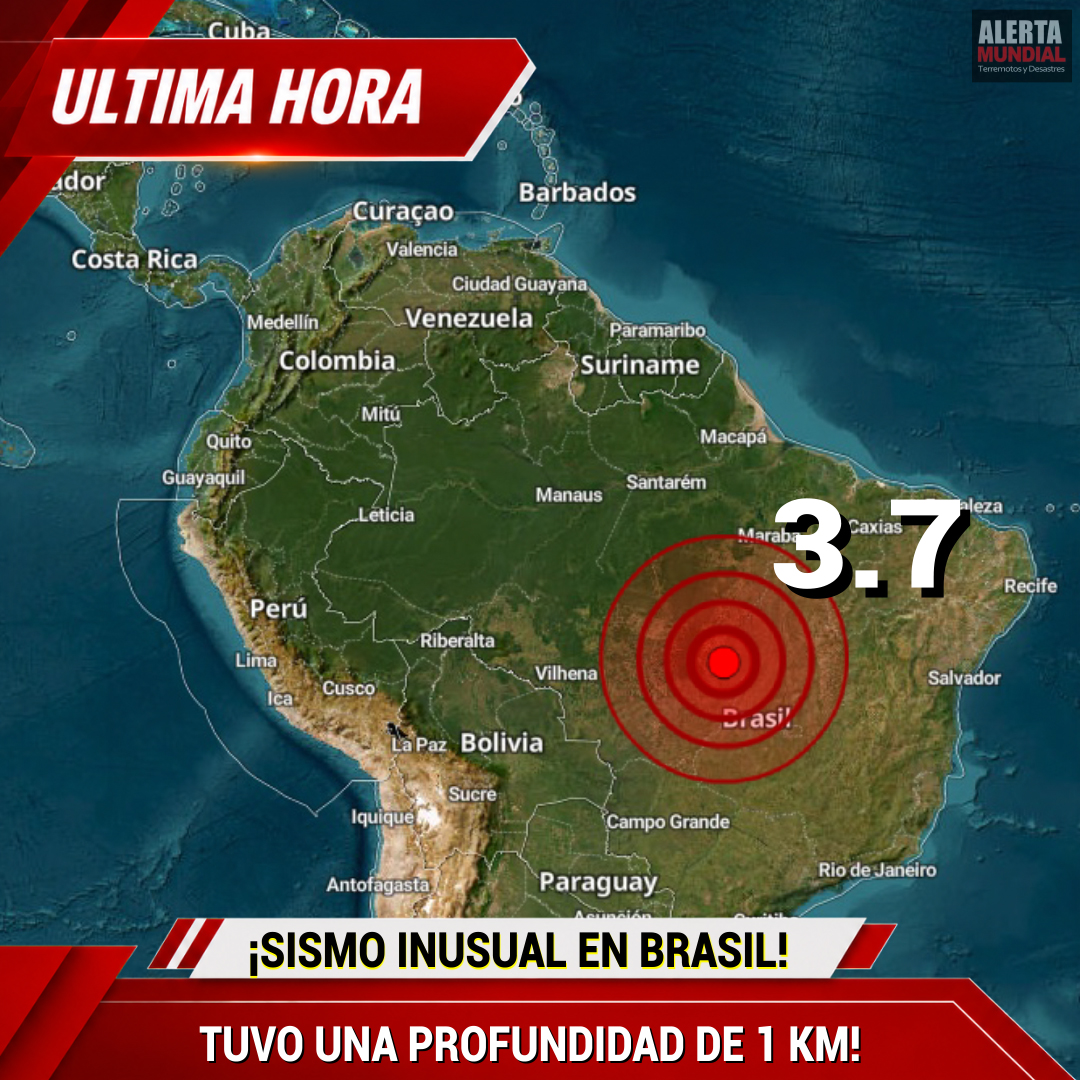 AlertaMundial19's tweet photo. Un sismo de magnitud 3.7 se registró este 4 de septiembre de 2026 en la región de Mato Grosso–Tocantins, Brasil.

El evento fue reportado a 0 kilómetros de profundidad, a 74 kilómetros al noroeste de São Miguel do Araguaia, localidad con una población aproximada de 18,800 habitantes. El movimiento ocurrió a las 05:45:38.5, hora local.