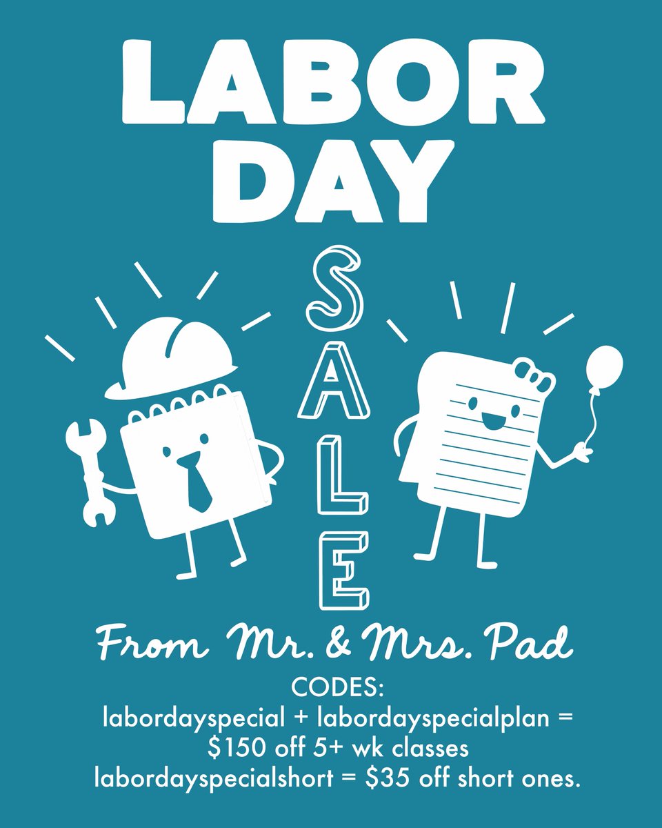 WritingPadUS's tweet photo. 💥Wishing you a leisurely &amp; literary Monday before you have to go back to work. Happy Labor Day from The Pad!

💰 labordayspecial, labordayspecialplan = $150 off long classes, labordayspecialshort = $35 off short ones thru Mon. night!

Head to https://t.co/cYVJmwBaSp to sign up! https://t.co/VhkOcE8lMD