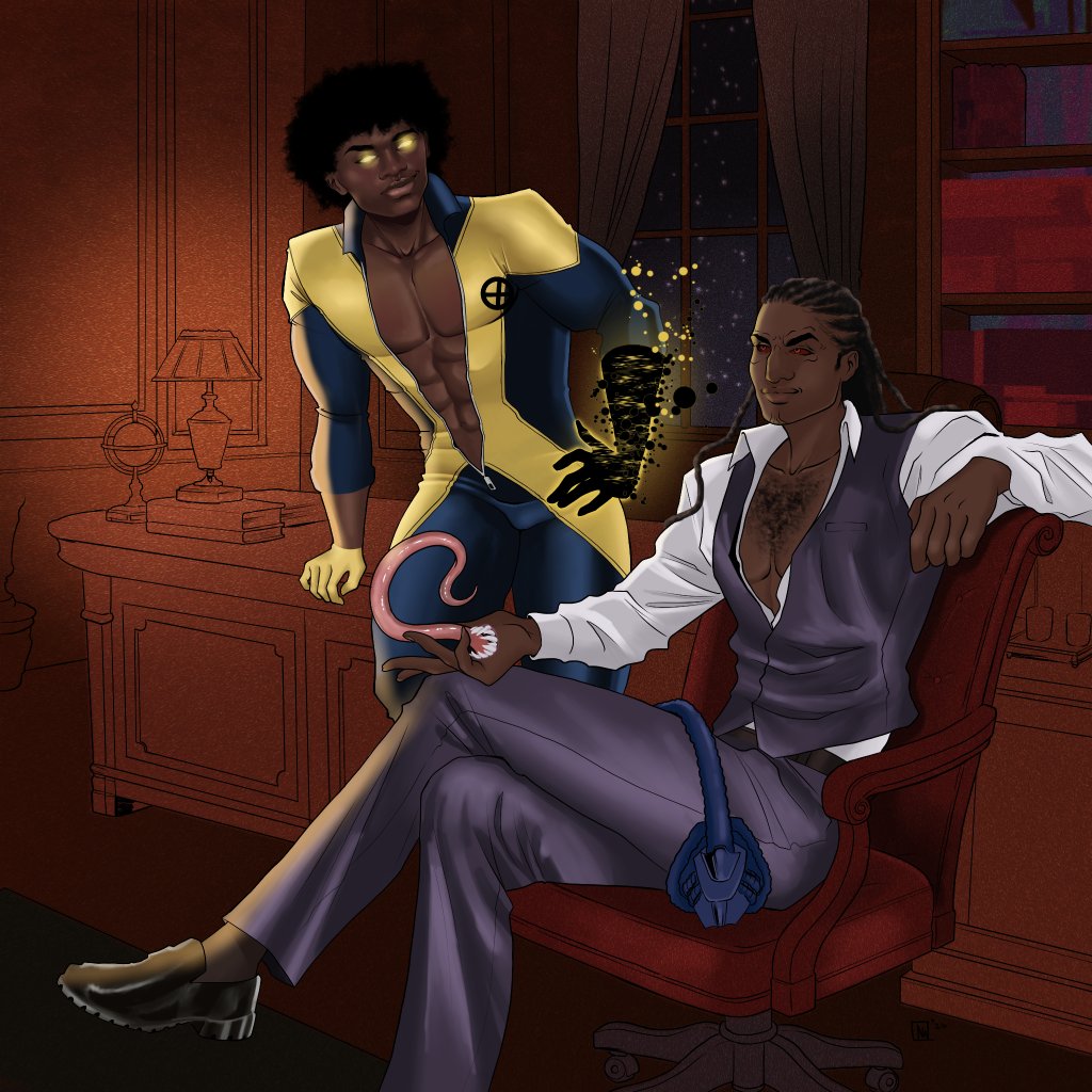 QuidProQuo_MWI's tweet photo. 3rd of 3 commissions I had done of #Sunspot x #Emplate by different artists.  This one was done by @NewPsychicnegro (formerly jalen_hadnot). We've seen rage and seduction. This is more relaxed and comfortable like a photograph in their home.

#niggayaoi https://t.co/3TP27hKiEQ