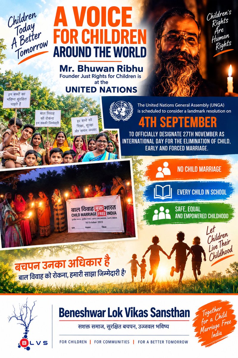 blvsindia's tweet photo. A proud moment as the UN recognizes the global fight against child, early and forced marriage. Congratulations to Bhuwan Ribhu Ji and the JustRights team for taking this movement to the global stage.
#StopChildMarriage #ChildMarriageFreeindia 
#ChildMarriageFreeWorld https://t.co/pFOubGRami