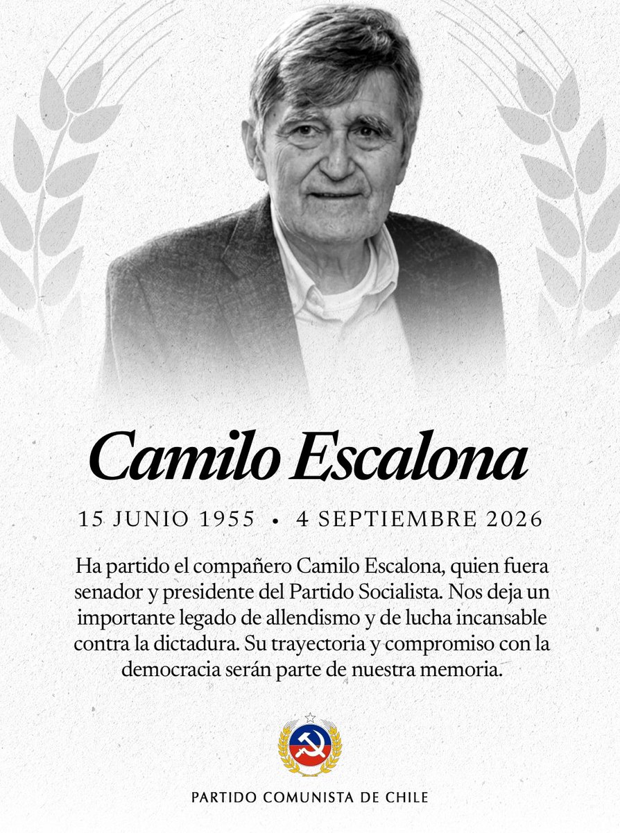 PCdeChile's tweet photo. Ha partido el compañero Camilo Escalona, quien fuera senador, presidente y, hasta hoy secretario general del Partido Socialista de Chile. Nos deja un importante legado de allendismo y de lucha incansable contra la dictadura. Su trayectoria y compromiso con la democracia serán parte de nuestra memoria.

Desde el Partido Comunista de Chile, enviamos nuestras condolencias a su familia y al Partido Socialista de Chile. Sin duda, el compañero Camilo era uno de esos compañeros indispensables.

¡Honor y gloria, compañero Camilo Escalona!