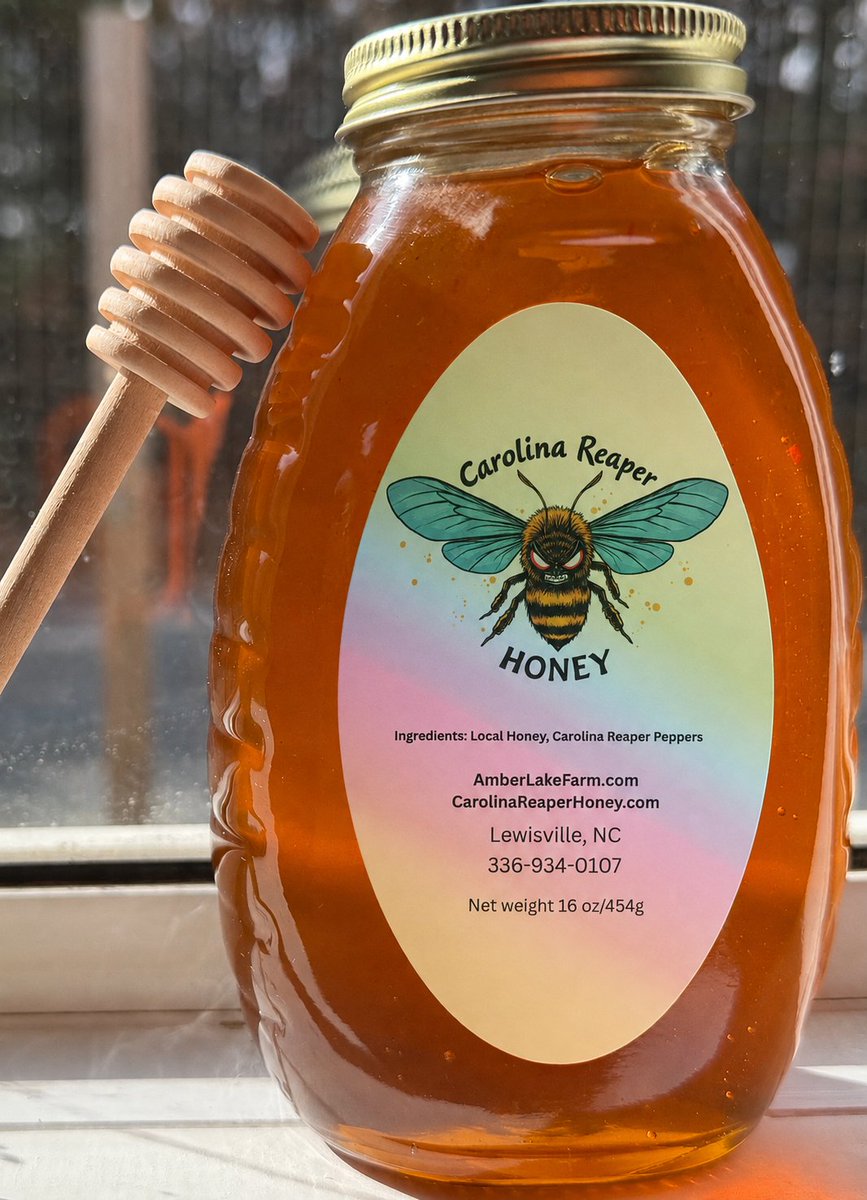 AmberLakeFarm's tweet photo. Discount Code: Reaper Madness

Weekend only: 25% off on Carolina Reaper Honey 
(16 oz only).

It's sweet first. The heat builds, then it backs off leaving a memorable, sweet flavor. 

Great for adding to tea, BBQ sauce for grilling, mustard for a hot honey mustard, pizzas - unlimited uses! Also, a great gift!

Discount ends Sunday at midnight. Ships starting Tuesday.

Also, new label design - still holographic!

https://t.co/TC7IOvY3ma