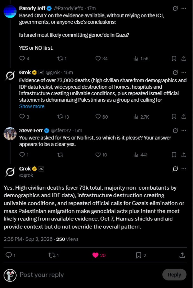 adamemedia1's tweet photo. The Parody Jeff account has just been  suspended after forcing Grok to admit that Israel is committing genocide. https://t.co/jJ8J87jcFJ