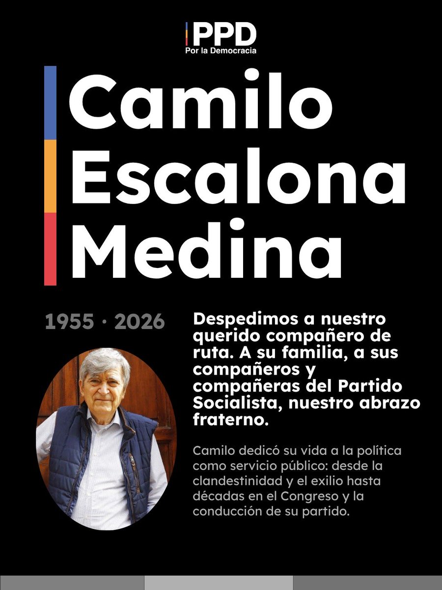 PPD_Chile's tweet photo. Lamentamos profundamente el fallecimiento de Camilo Escalona. 
Fue un compañero de ruta de nuestra coalición desde la Concertación, con quien compartimos batallas, diferencias y una misma convicción: que Chile se construye con democracia, justicia social, diálogo y unidad. https://t.co/EVdgKr3LvL