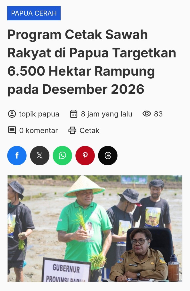 ch_chotimah2's tweet photo. Target jangka panjang cetak sawah rakyat di Papua, 50.000 hektar.
Karena itu, pemerintah daerah berharap program tersebut dapat kembali dilanjutkan pada tahun berikutnya.
Semoga tercapai.

Program Cetak Sawah Rakyat di Papua Targetkan 6.500 Hektar Rampung pada Desember 2026.
https://t.co/22vxePGhmA