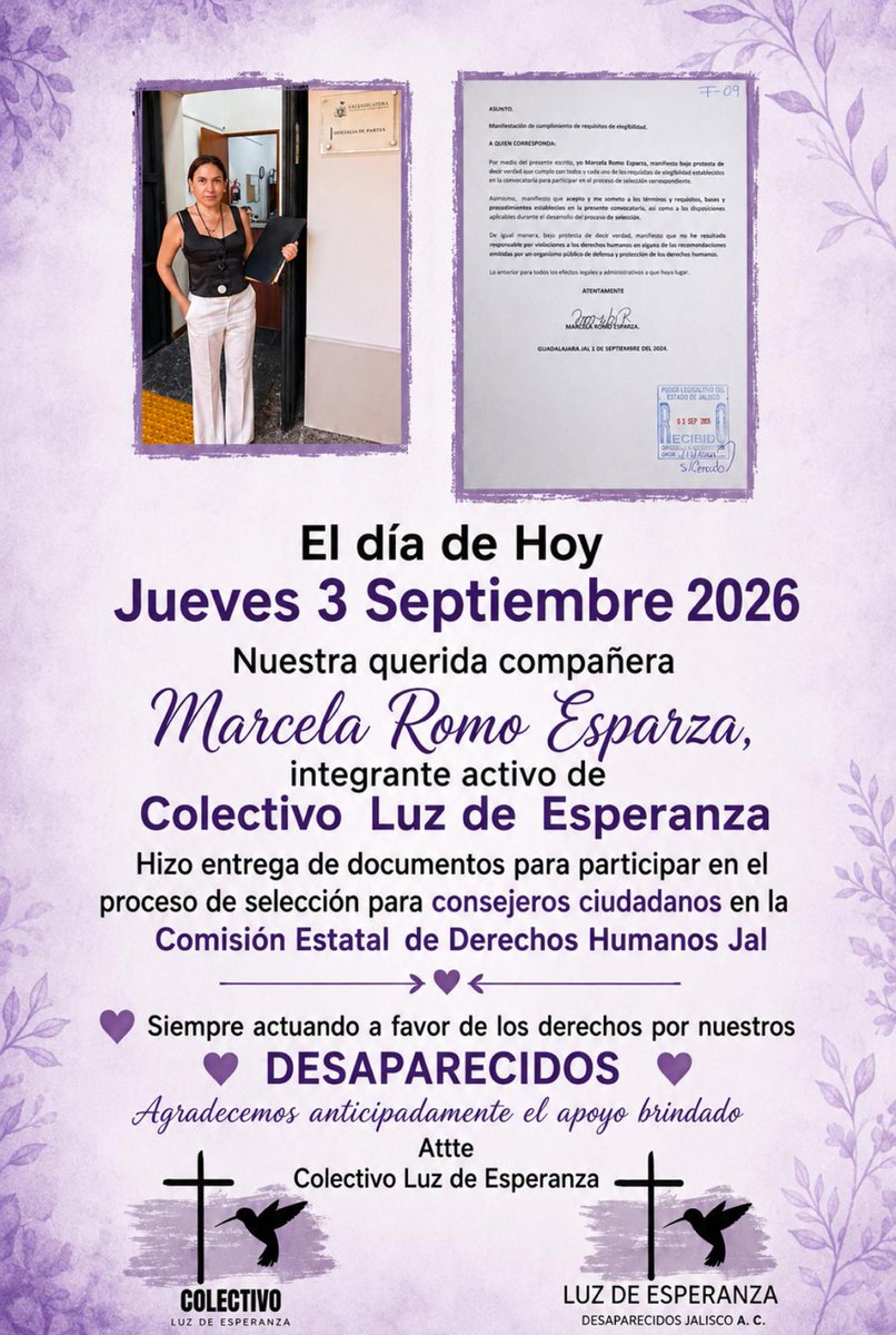 ocdhvj's tweet photo. 1/2 ⚖️ Desde el Observatorio respaldamos la postulación de Marcela Romo Esparza, integrante de @LuzdeEsperanza, como aspirante a Consejera Ciudadana de la @CEDHJalisco. Tras hacer entrega de sus documentos en el Congreso, le deseamos todo el éxito en el proceso. 🧵👇 https://t.co/a8KsCBEJxc
