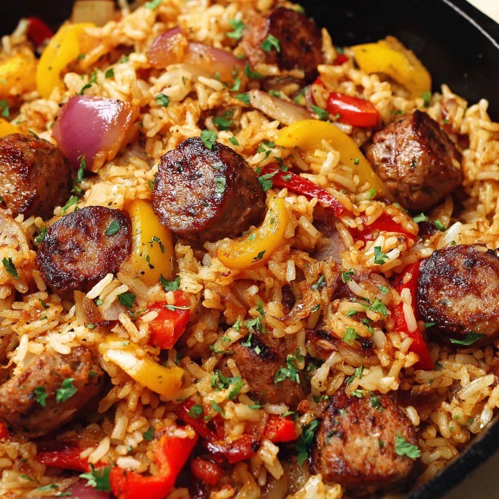 recipesbyclare's tweet photo. Sausage Pepper And Rice Skillet

Ingredients:
- 1¼ cups white rice, uncooked
- 2 teaspoons olive oil
- 12 oz package smoked sausage, sliced
- ½ red bell pepper, sliced
- ½ yellow bell pepper, sliced
- 1 small white onion, quartered and sliced
- 4 cloves garlic, minced
- ½ teaspoon kosher sea salt
- ½ teaspoon freshly ground black pepper
- 5 tablespoons tomato paste
- 1¼ cups low-sodium chicken broth, divided
- 1 teaspoon paprika
- ⅛ teaspoon cayenne pepper
- 1½ tablespoons fresh parsley, chopped

Instructions:
1. Cook the Rice: In a small saucepan, cook the white rice according to package directions until tender and fluffy. Set aside when done.
2. Heat the Skillet: Place a large cast iron skillet over medium-high heat. Once hot, add the olive oil and let it shimmer before adding other ingredients.
3. Brown the Sausage: Add the sliced sausage to the hot skillet and cook for about 5 minutes, turning to brown on both sides. Remove from pan and set aside.
4. Sauté the Vegetables: Add the bell peppers and onion to the same skillet and sauté for 4-5 minutes until they start to soften and develop some color.
5. Add Aromatics: Add the minced garlic, salt, and pepper to the vegetables and cook for about 1 minute until fragrant. Remove vegetables and set aside with the sausage.
6. Create the Sauce Base: Add tomato paste and about ¾ cup of chicken broth to the skillet, whisking to combine. Let it simmer for 1 minute to develop the flavors.
7. Add Spices: Stir in the paprika and cayenne pepper to the tomato mixture, combining well to create a flavorful base.
8. Combine Everything: Add the cooked rice, browned sausage, sautéed vegetables, and remaining chicken broth to the skillet. Stir everything together until well combined and heated through.
9. Garnish and Serve: Remove from heat and garnish with chopped fresh parsley. Serve immediately while hot for the best flavor and texture.