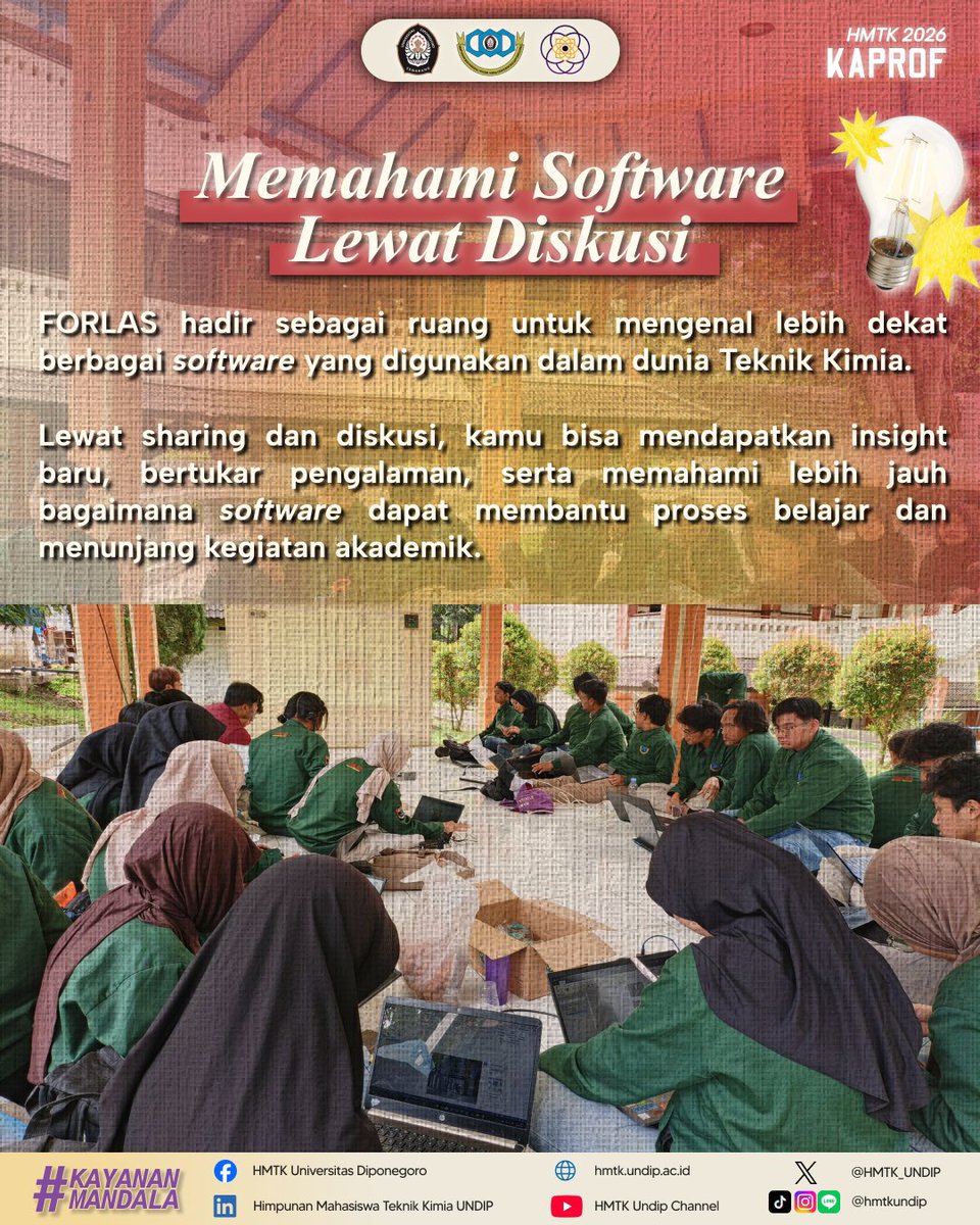 HMTK_UNDIP's tweet photo. [Hari-H : FORLAS #1]

Halo, warga Teknik Kimia! 👋

Hari yang ditunggu akhirnya tiba! Forum Lingkar Software #1 hadir sebagai ruang untuk belajar, berdiskusi, berbagi pengalaman, dan mengembangkan kemampuan software yang relevan dengan Teknik Kimia. https://t.co/QXQ2vfhq1N