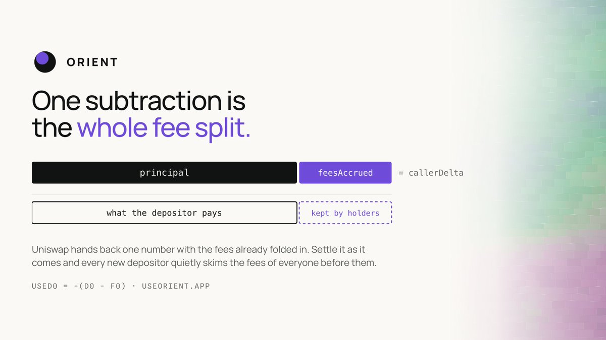 UseOrient's tweet photo. Uniswap hands back one number with the fees already folded into it.

Settle it as it comes and every new depositor quietly skims the fees of everyone before them. Subtract the fees and the depositor pays their own principal.

used0 = -(d0 - f0)

One subtraction is the whole fee split.