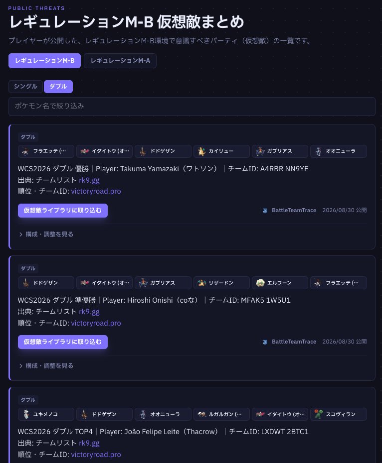 BattleTeamTrace's tweet photo. 遅くなりましたが、WCS2026の上位構築を仮想敵として追加しました！
レギュレーションM-Bランクマ最終盤、よくある構築をBattleTeamTraceでバッチリ対策して臨みませんか？
完全無料でご利用いただけます👇
https://t.co/Zecw04L1xF
#BattleTeamTrace #ポケモンチャンピオンズ https://t.co/90eQENNeHs