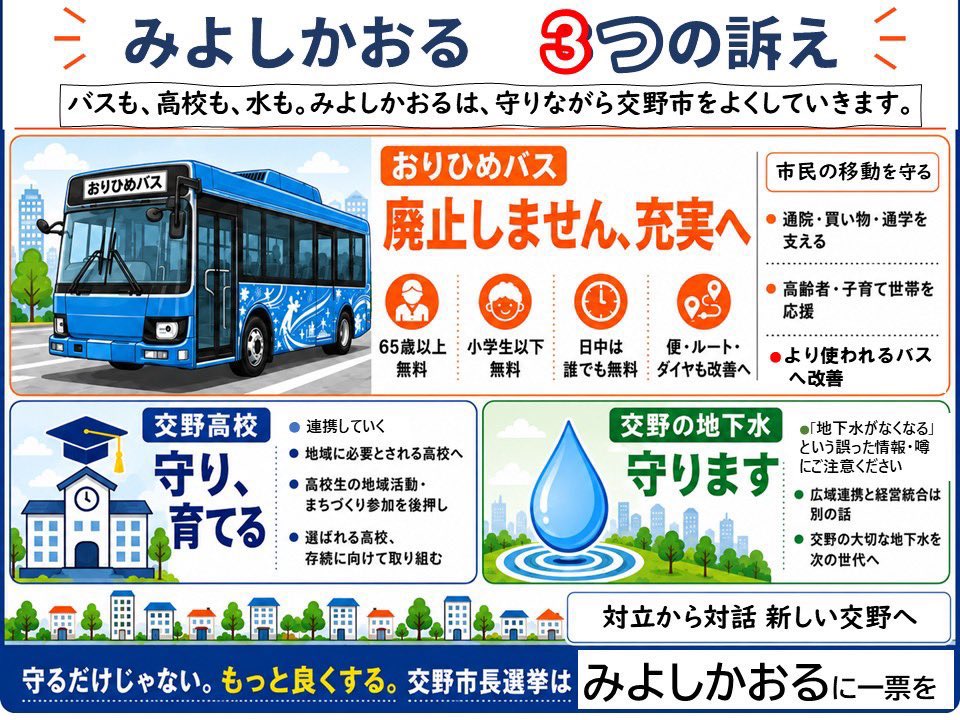 yuumama2_osaka's tweet photo. ＃交野市長選挙 
デマが飛び交ってます
こんな汚い戦い方をするのが現市長

みよし候補の訴え
↓
★おりひめバス →廃止ではなく、もっと使われるバスへ。
★交野高校→地域と連携し、守り、育てていく。
★交野の水→大切に、次の世代へつなぐ。

本人の訴えを信じてください
#みよしかおる https://t.co/QylhxH4npF