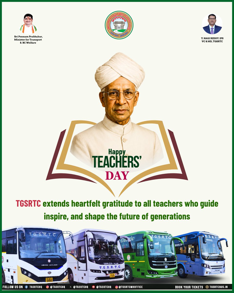 TGSRTCHQ's tweet photo. 🚌📚 Happy Teachers’ Day! 💐
TGSRTC expresses heartfelt gratitude to every teacher who inspires, guides, and empowers generations.

#HappyTeachersDay #TeachersDay #ThankYouTeachers #SaluteToTeachers #Education #Inspiration #Gratitude #TGSRTC #Telangana #TSRTC #TeachersInspire https://t.co/P84QaD2h0Q