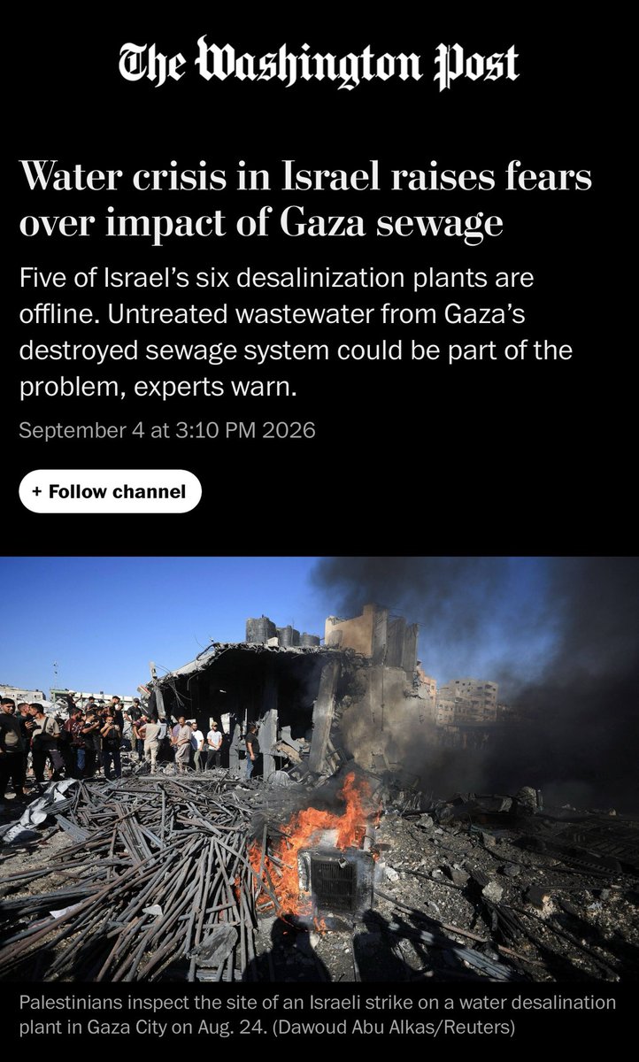 dimitrilascaris's tweet photo. Last week, after Israel shut down (twice) five of its six desalination plants, I argued that the shut-downs were likely related to untreated sewage from Gaza, where Israel has destroyed sewage treatment facilities.

Today, the Washington Post has confirmed that untreated sewage from Gaza is indeed a major factor that led to these closures.

Israel obtains 80-90% of its drinking and household water from desalination, so this is a crisis of existential proportions for the child-murdering entity.

Quite apart from Israel’s new drinking water crisis, just imagine all those Israelis swimming in contaminated water along Israel’s Mediterranean coastline during the hot summer months.

Karma. 

https://t.co/Ea30KlhOvf