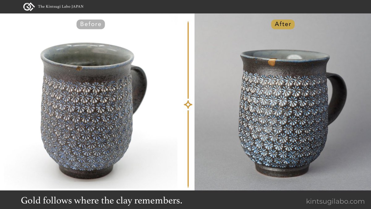 kintsugilabo's tweet photo. Collected. This Kyoto ware mug, its rim restored with kintsugi in 24K gold and urushi above a painted sunrise, now rests with its collector. One of a kind works remain: https://t.co/WPtHuD656B #Kintsugi #Urushi #JapaneseArt #OneOfAKind https://t.co/0tusIfIthB