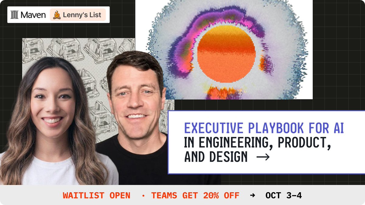 clairevo's tweet photo. DON'T MISS: The next cohort of "Executive Playbook for AI in Engineering, Product, and Design" is now open for our October 3-4 session on @MavenHQ 

In this @cxodev course, @zachdavis and I teach execs what it really takes to change how your team ships with AI (and no, it's not just tokenmaxxing.)

You'll get
- prework and readiness assessments that find your AI gaps now
- two half days of high signal tactics + AMAs from AI-native operators
- a room of 50 of your VP+ peers
- 90 days of open office hours to help you put it in practice

Featured on @lennysan's List as a top AI course for leaders https://t.co/py974tjJwg

Attend with your team and get 20% off.

Registration open now →  https://t.co/MUg3dVaWYU