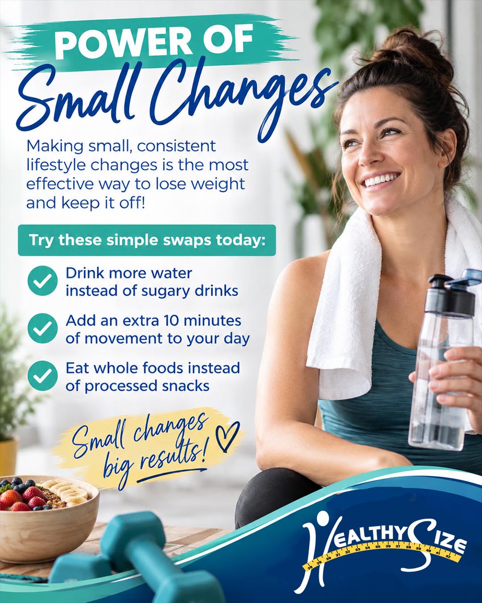healthysize1's tweet photo. Small changes can make a BIG difference! 🏃‍♀️ From drinking more water to moving a little more each day, simple healthy habits can add up over time.

#healthysize #myhealthysize #weightloss #healthysizerforlife #lowcarblifestyle #SustainableWeightLoss https://t.co/e70IYOY4Rn