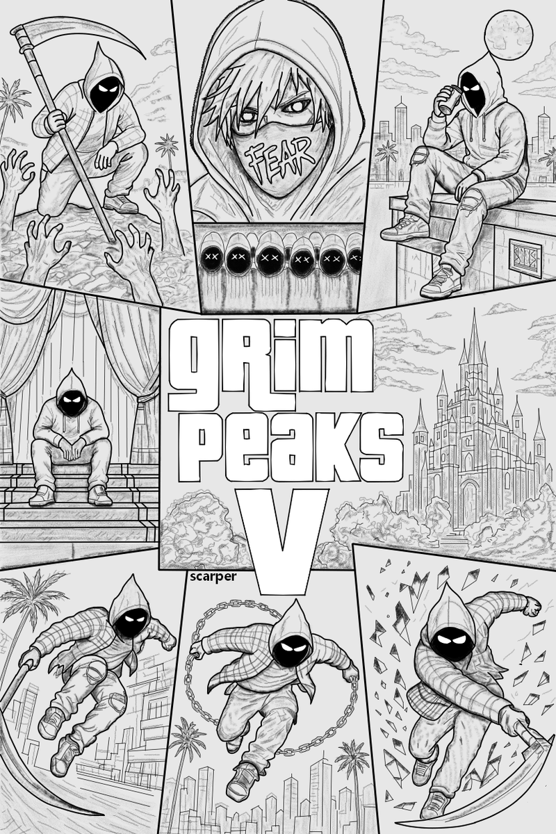 Scarper_'s tweet photo. Lil Revive visits Vice City! Grim Peaks V Concept Art. Featuring @OfficialJoshA and @LilRevive . Took inspiration from various past album covers and combined them into a GTA style cover. The whole thing was drawn with a mouse. My hand hurts! https://t.co/dMB77qd91S