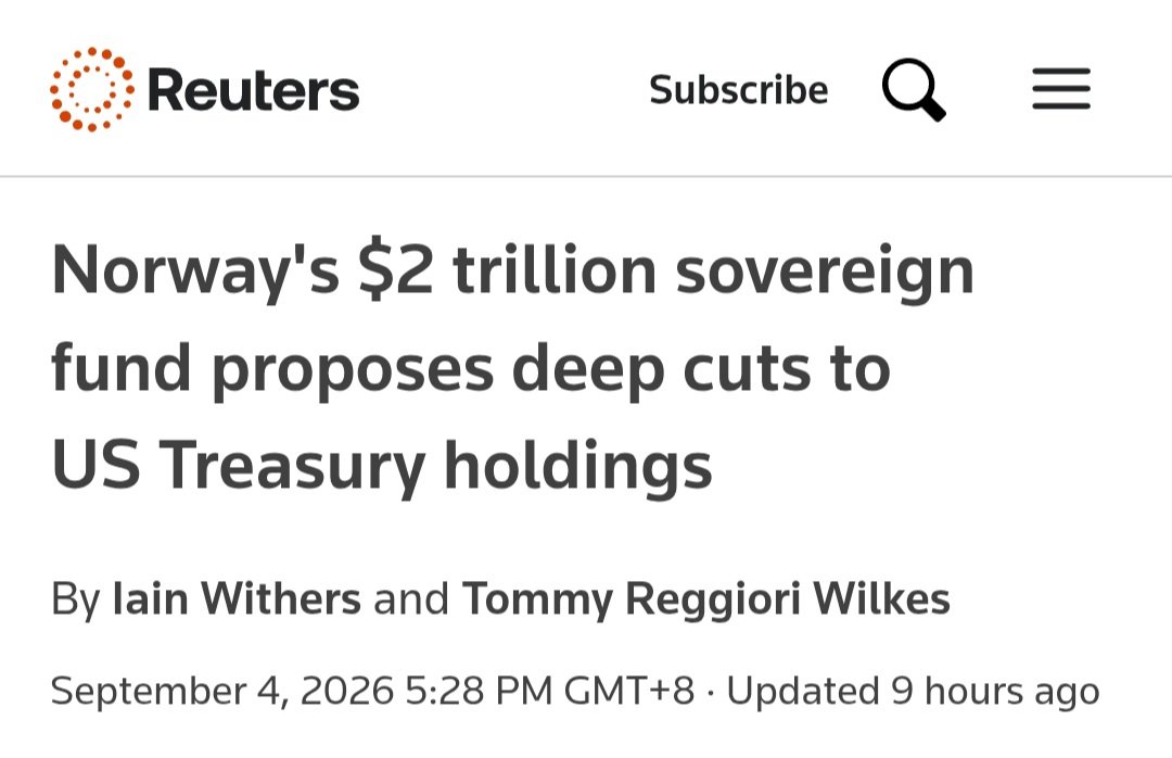 BenjaminNorton's tweet photo. The manager of Norway's $2.3 trillion sovereign wealth fund has proposed significantly cutting its exposure to US Treasury securities (US government debt).

This comes at a very bad moment for the US, given that the yields on Treasuries have been rising significantly, and US debt issuance is growing rapidly at a time when foreign demand is shrinking.

Over the past decade, China has significantly reduced its holdings of US Treasuries (out of fear of US sanctions and asset seizures). And Japan, the largest foreign holder, has been selling Treasuries to try to stabilize its currency, which has fallen markedly against the US dollar.

Norway reducing its Treasury holdings will only further increase the upward pressure on US yields.

https://t.co/EEPT8w55hh