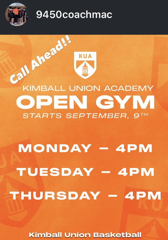 IanVanwagn42463's tweet photo. Kimball Union Academy Open Gym Schedule! 
College coaches welcome to the hilltop. 

@CoachMac9450 https://t.co/g3Ban8zWL3