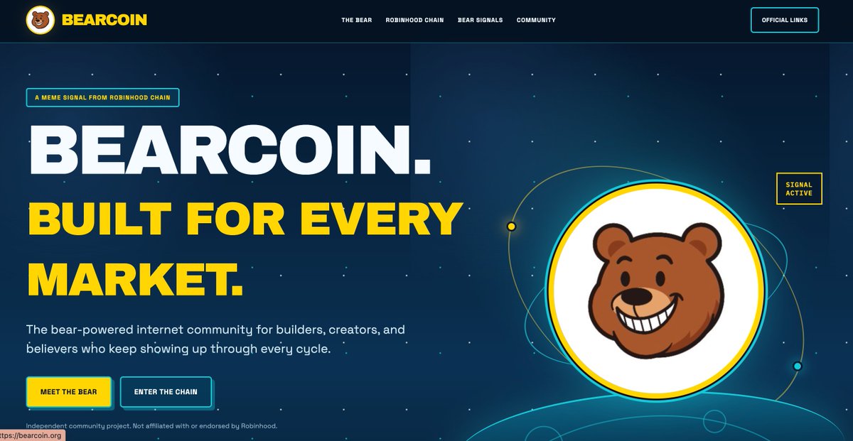 BearcoinOrg's tweet photo. BEARCOIN is launching soon on @ponsdotfamily. 

Stay tuned, join the Den, and let’s build the future of Robinhood Chain together.

Born in the Bear.
Built for Every Market.
@RobinhoodCrypto  #BEARCOIN #RobinhoodChain #Pons https://t.co/UJQCkQAWQu