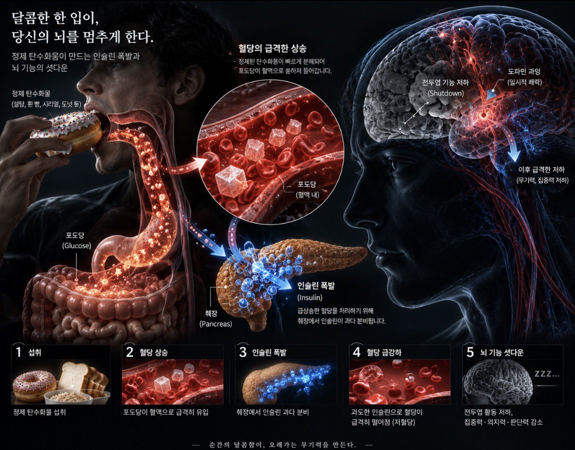 Taddyready's tweet photo. "아침 식사는 하루 중 가장 중요한 식사다."
이것은 1900년대 시리얼 회사가 당신에게 정제 탄수화물 쓰레기를 팔아먹기 위해 만든 인류 역사상 가장 성공적인 사기극입니다.

당신이 매일 아침 습관적으로 욱여넣는 빵, 시리얼, 과일 주스는 에너지가 아닙니다. 당신의 전두엽을 오전 11시부터 셧다운 시키는 생화학적 폭탄입니다.