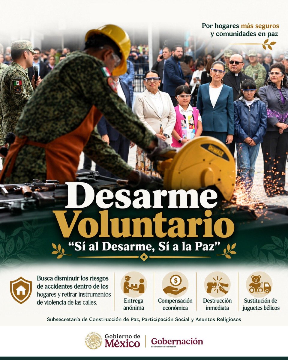 RocioBarcenaM's tweet photo. A través del programa #SíAlDesarmeSíALaPaz, impulsado por la Presidenta @Claudiashein y coordinado por la Secretaria @rosaicela_, promovemos una #CulturaDePaz activa que busca transformar los entornos y prevenir riesgos en los hogares. #MesDeLaCulturaDePaz https://t.co/sb94TNVhLT