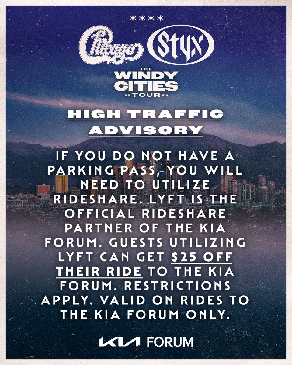 thekiaforum's tweet photo. 🚨 HIGH TRAFFIC ADVISORY: Due to a stadium event next door, plan for high traffic and allow for extra drive time.  

$25 off Lyft: https://t.co/ODxbzpFAwD or use code “KIAFORUMSEP6” https://t.co/xmhqIPL2V6