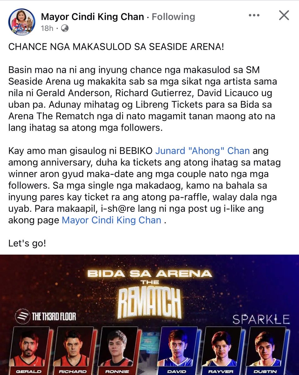 cessspacedb's tweet photo. Kinsa pa mga Cheffies and SoliDs  diri na taga Cebu na wala pa tickets for "Bida sa Arena"? Our mayor in Lapu-Lapu City kay mangahatag ug tickets. Grab nyo na guys!😊
@BidaSaArena https://t.co/fKSQTnZ7KK