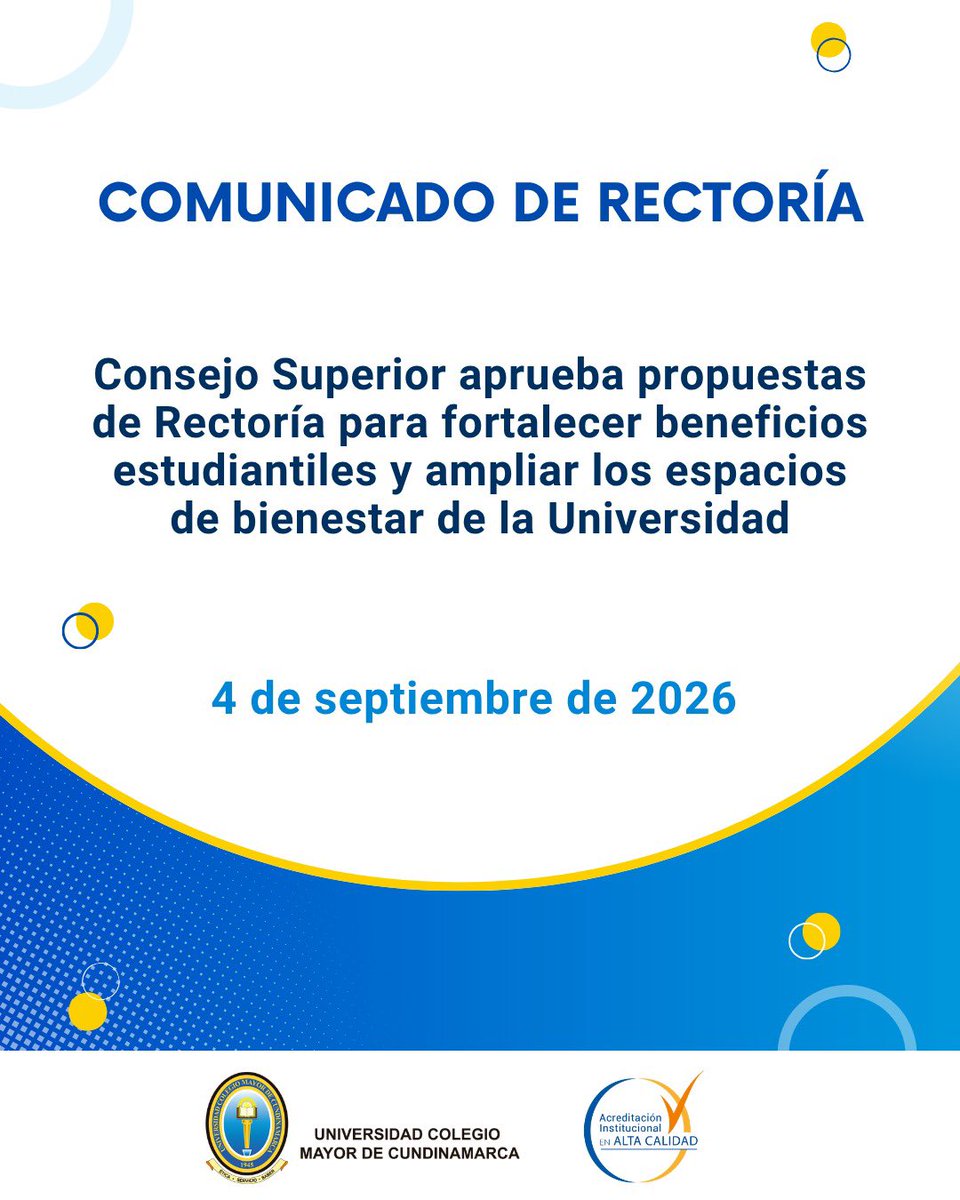 UniveMayor's tweet photo. Ñ📢 Comunicado a la Comunidad Universitaria

La Universidad Colegio Mayor de Cundinamarca invita a toda la comunidad universitaria a consultar la información oficial publicada en nuestros canales institucionales.

🔗 Consulte el comunicado completo: https://t.co/gzVV9QjWOS

#UniMayor