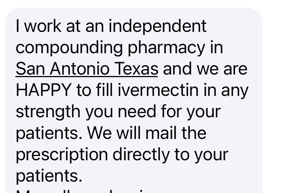 MaryBowdenMD's tweet photo. Stone Oak Pharmacy in San Antonio Texas will fill ivermectin prescriptions (compounded) and also sell the 3mg tablets without a prescription. 🙌 https://t.co/BeV9zB0gCU