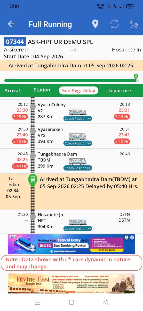 HospetRailUsers's tweet photo. Arsikere - Hosapete DEMU was running late by 6 hr.. what's the reason? This is the new train..please maintain punchuality..else passengers will lose trust in boarding this train @RailwaySeva @SWRRLY @GMSWR @drmubl @etukaram_inc @VSOMANNA_BJP @drmmys @AshwiniVaishnaw @RailMinIndia https://t.co/zdpeyd1oeI