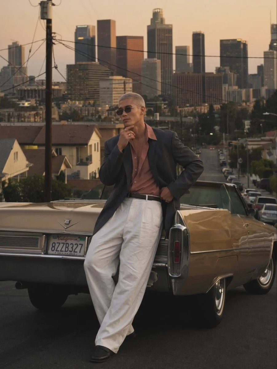 RomezzyLopez's tweet photo. LA looks a little different when you dress like you own the city. Just me, an old ride, and a sunset that understood the assignment. 😎

#LosAngelesStyle #VintageMenswear #MensFashion https://t.co/MUI6AD6eVX
