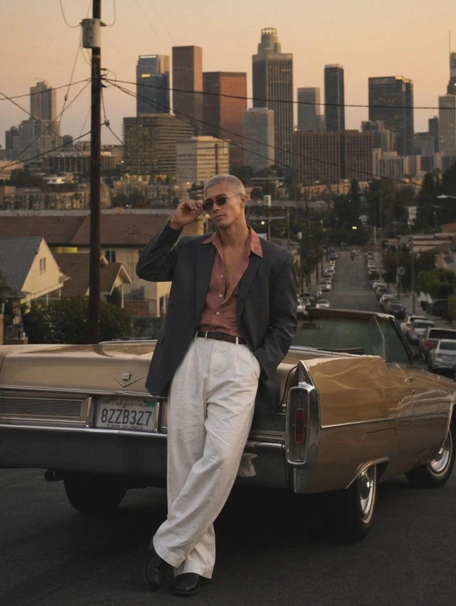 RomezzyLopez's tweet photo. LA looks a little different when you dress like you own the city. Just me, an old ride, and a sunset that understood the assignment. 😎

#LosAngelesStyle #VintageMenswear #MensFashion https://t.co/MUI6AD6eVX