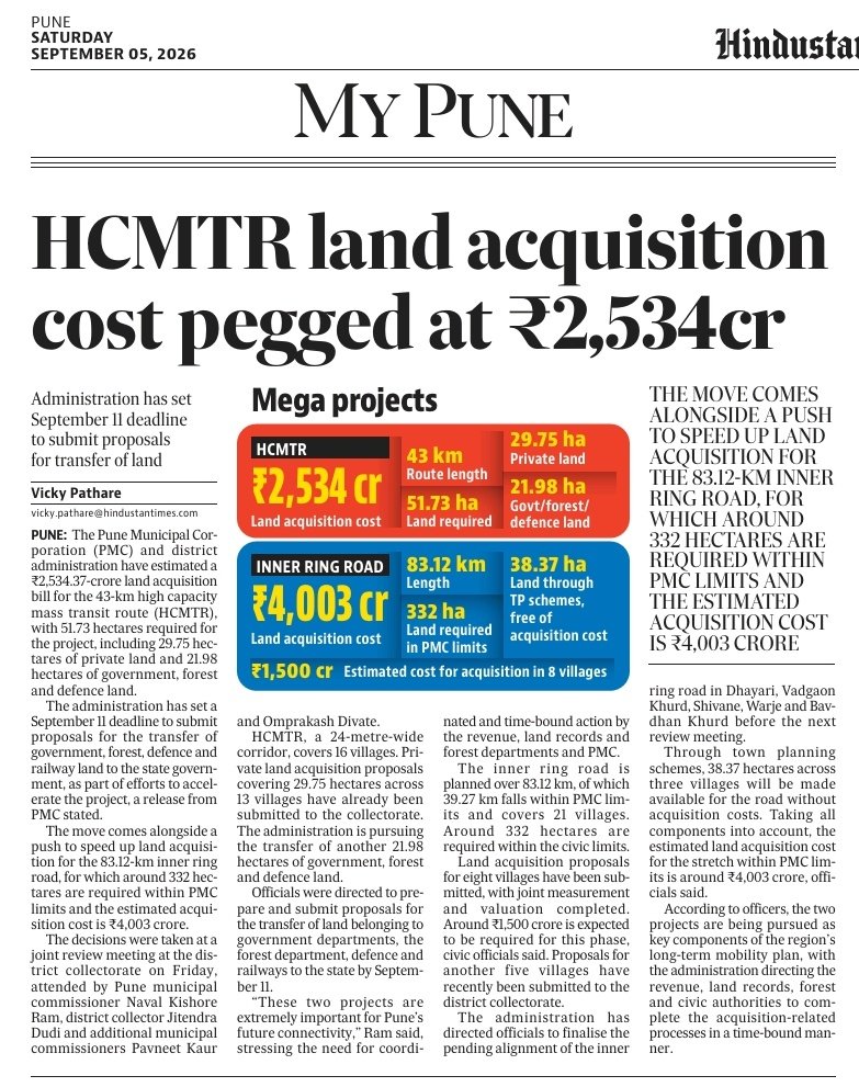 ymjoshi's tweet photo. ₹2,534 crore to acquire just 29.75 hectares of pvt land for #HCMTR and another ₹4,003 crore for the inner ring road within PMC limits. For these urban mega projects, land seems costlier than the infrastructure itself. https://t.co/XwJwIXrwCM