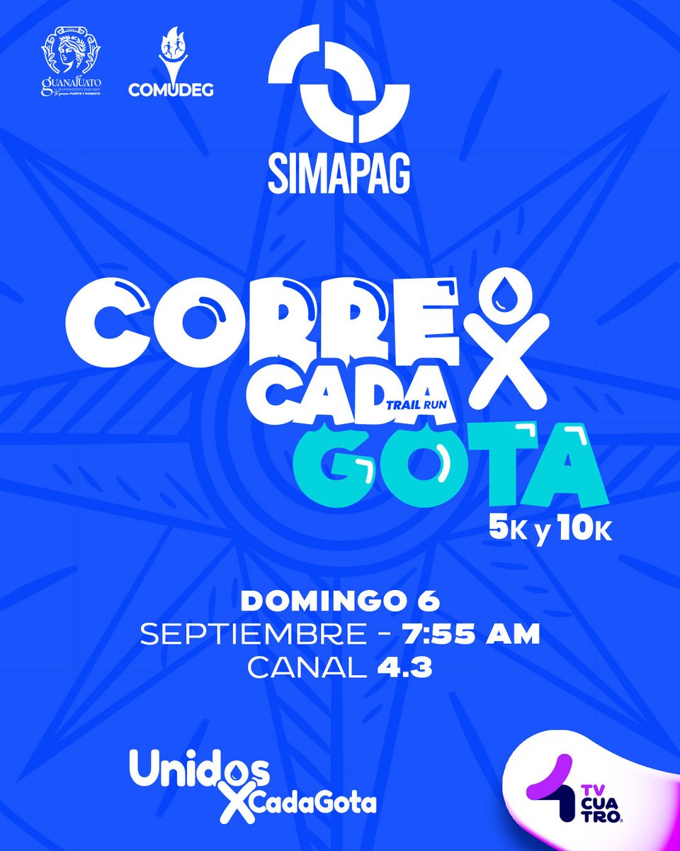 tv4guanajuato's tweet photo. 💧🏃‍♂️ ¡Cada paso cuenta! Llega el Trail Run CORRE X CADA GOTA de SIMAPAG, con recorridos de 5K y 10K, para promover el cuidado del agua en GTO.

📅 6 de septiembre
📺 Canal 4.3
⏰ 7:55 AM
🌐 https://t.co/M5kcTvPM1g | 📱 App y Facebook

#TVCUATRO #4Deportes #FelicidadQueConecta https://t.co/TenRZ9Q6JT