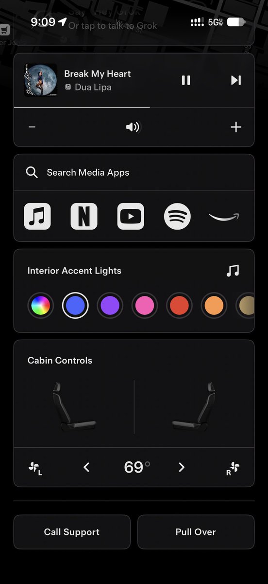 wholemars's tweet photo. The Robotaxi mobile app is really a primary UI control point for the Cybercab. 

You can use the app to adjust the AC vents, adjust the seats, or change the ambient light color. You can even initiate Grok from the app. https://t.co/O0DCaafIQb